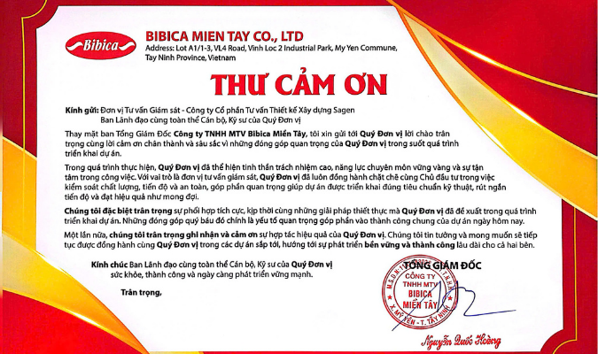 THƯ CẢM ƠN TỪ BAN LÃNH ĐẠO BIDIPHAR MIỀN TÂY